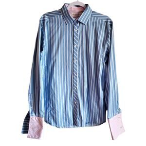 TED BAKER Men's Shirt 42 Blue White Striped Long Sleeve Cuff Link Sleeves